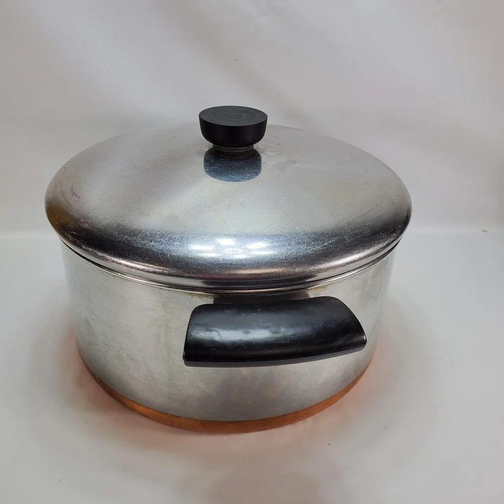 Vintage Revere Ware 1801 Copper Bottom Stainless 4 1/2 Quart Stock Pot Clad Lid‎